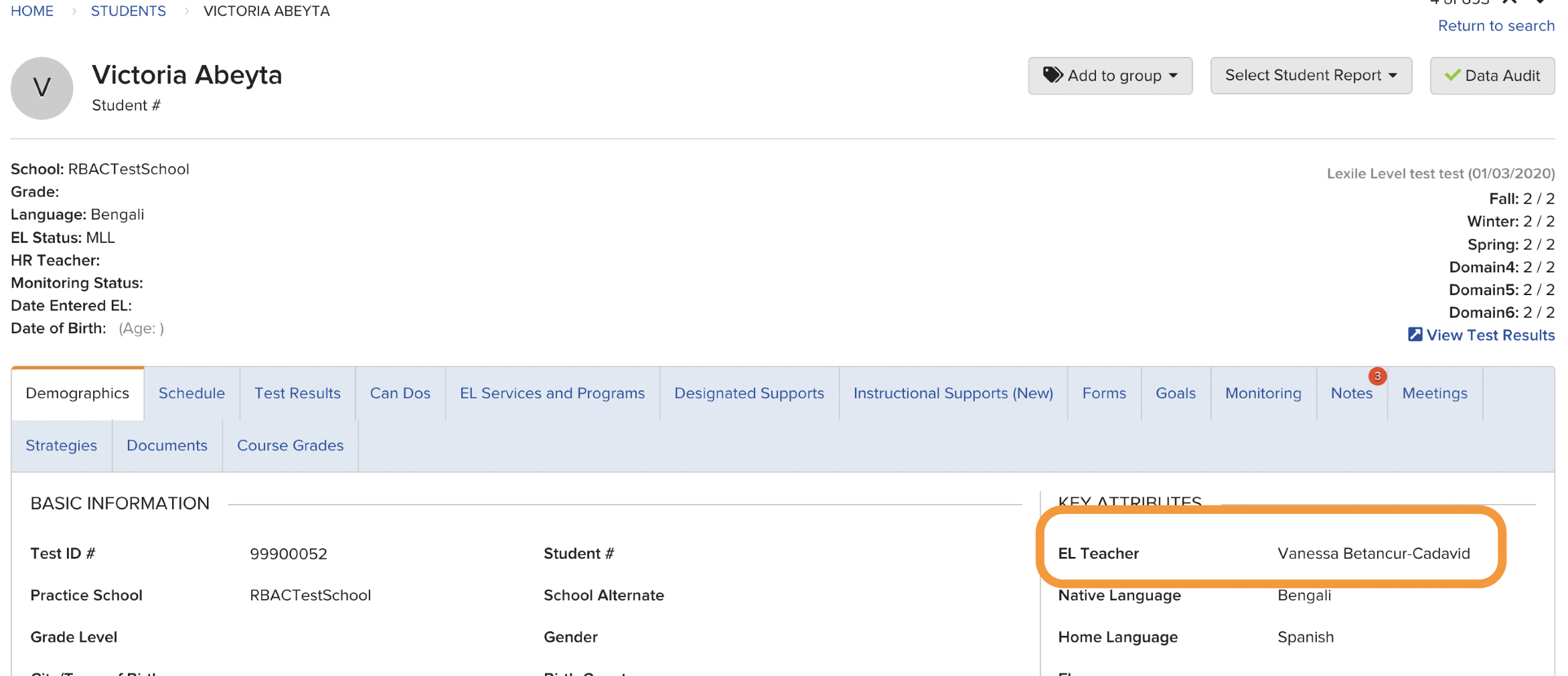 Student Profile Demographics tab showing the Key Attributes section where an EL Teacher name is entered