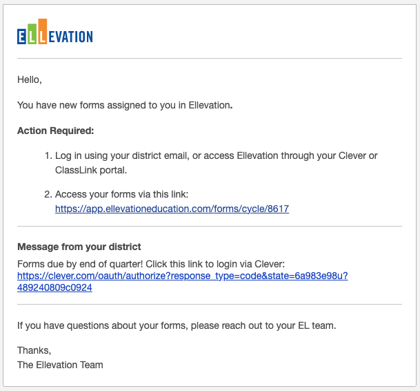 Example of a Notify / Remind email showing the subject line, a link to the form, and a custom message area