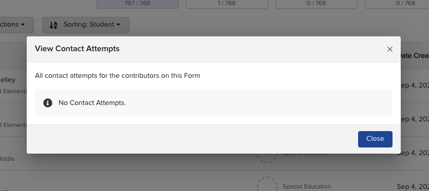 Screenshot of the View Contact Attempts popup showing the No Contact Attempts message