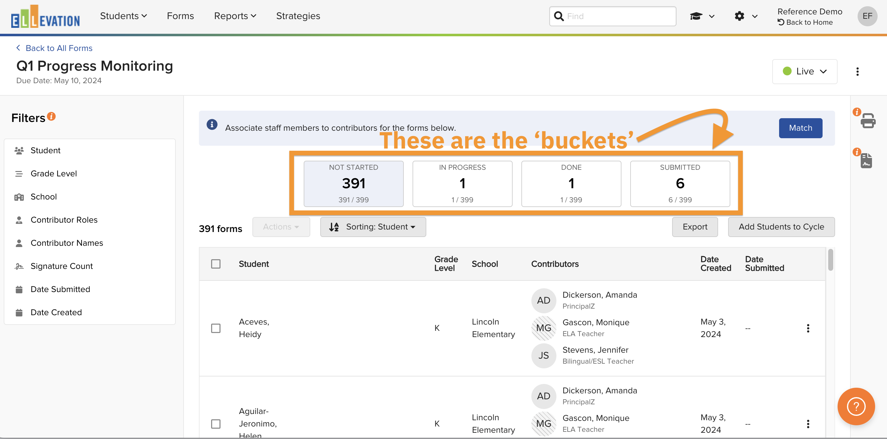 Screenshot of a live cycle page showing the four progress buckets: Not Started, In Progress, Done, and Submitted