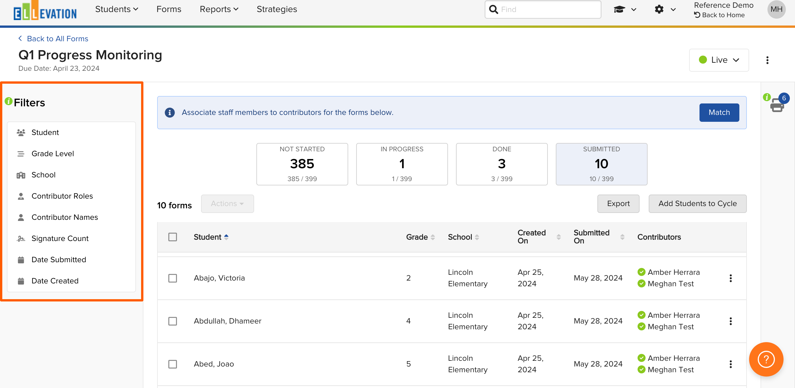 Screenshot of the cycle page showing the Filters panel on the left with Contributor Name and Contributor Role filter options
