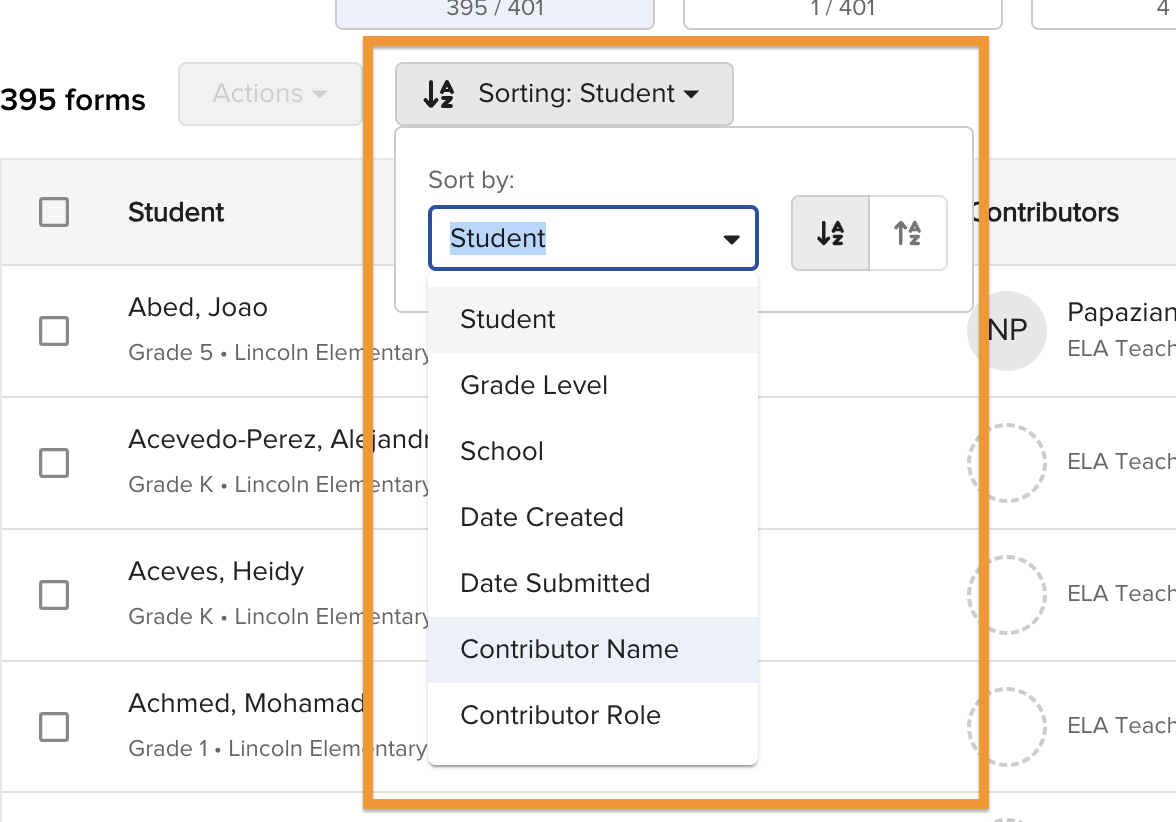 Screenshot of the Sorting dropdown on the cycle page showing the sort options and ascending/descending controls