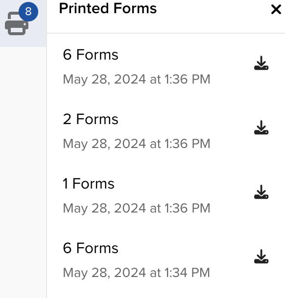 Actions menu in the Submitted bucket showing Open and Print Forms options.
