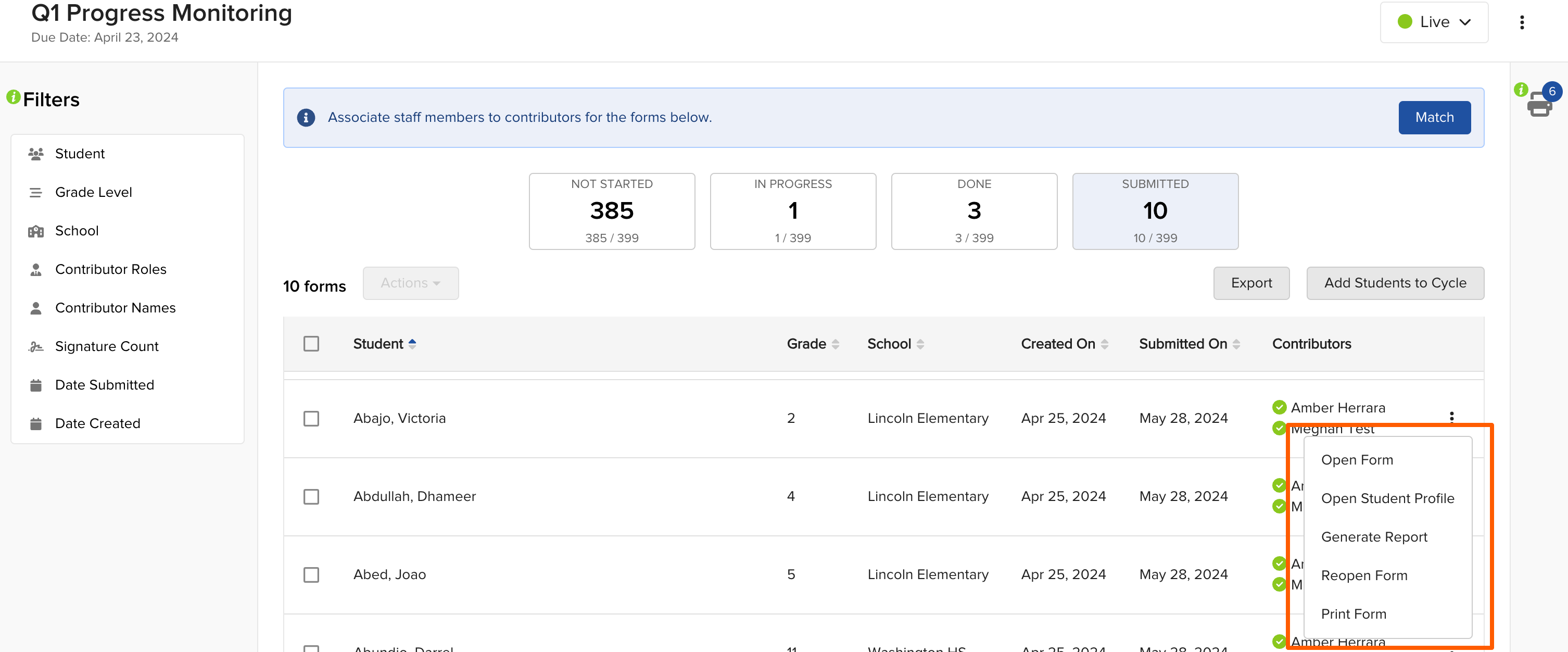 Individual form open in the Submitted bucket for review.