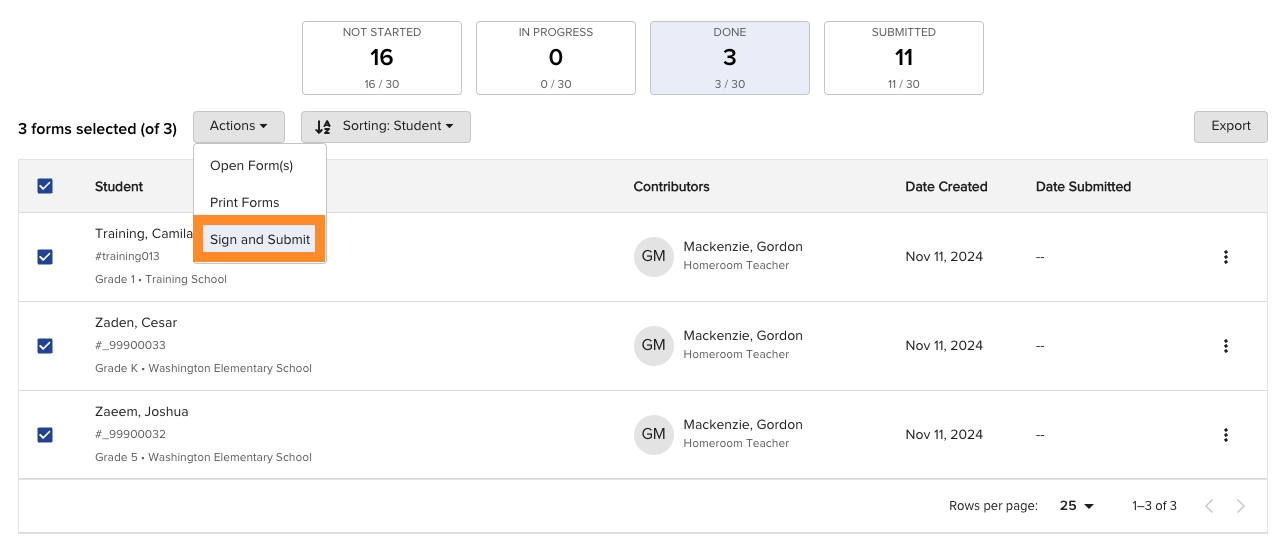 The Done bucket in the Cycle overview with multiple students selected and the Sign and Submit option visible in the Actions menu