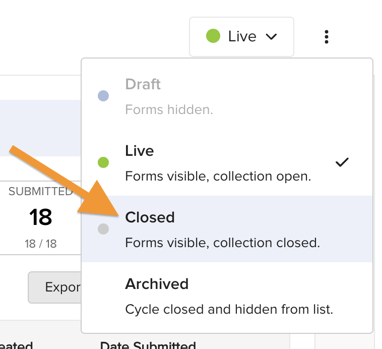 The cycle status dropdown showing the Closed option available for selection