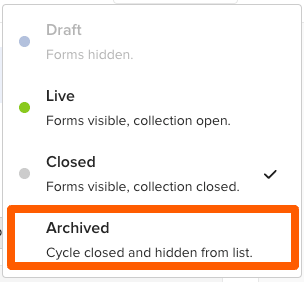 The cycle status dropdown showing the Archived option available for selection