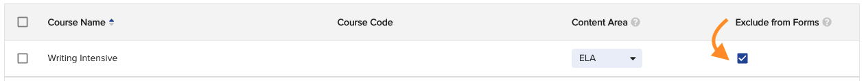 Course Tagging screen showing the Exclude from Forms checkbox checked for a course row