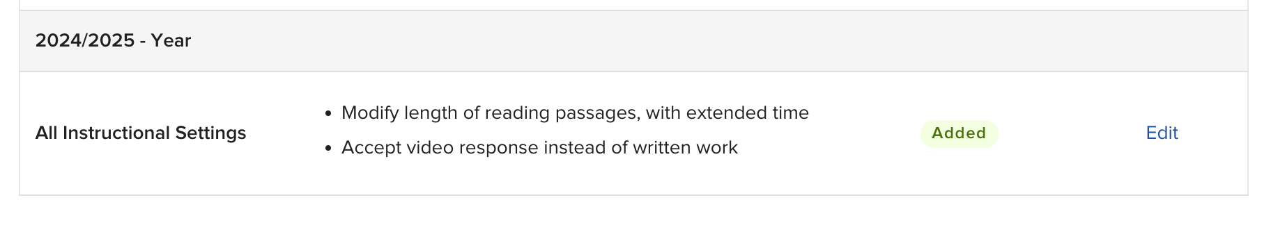 The Testing Accommodations form section showing the Assign button and an Added tag on newly selected classroom modifications