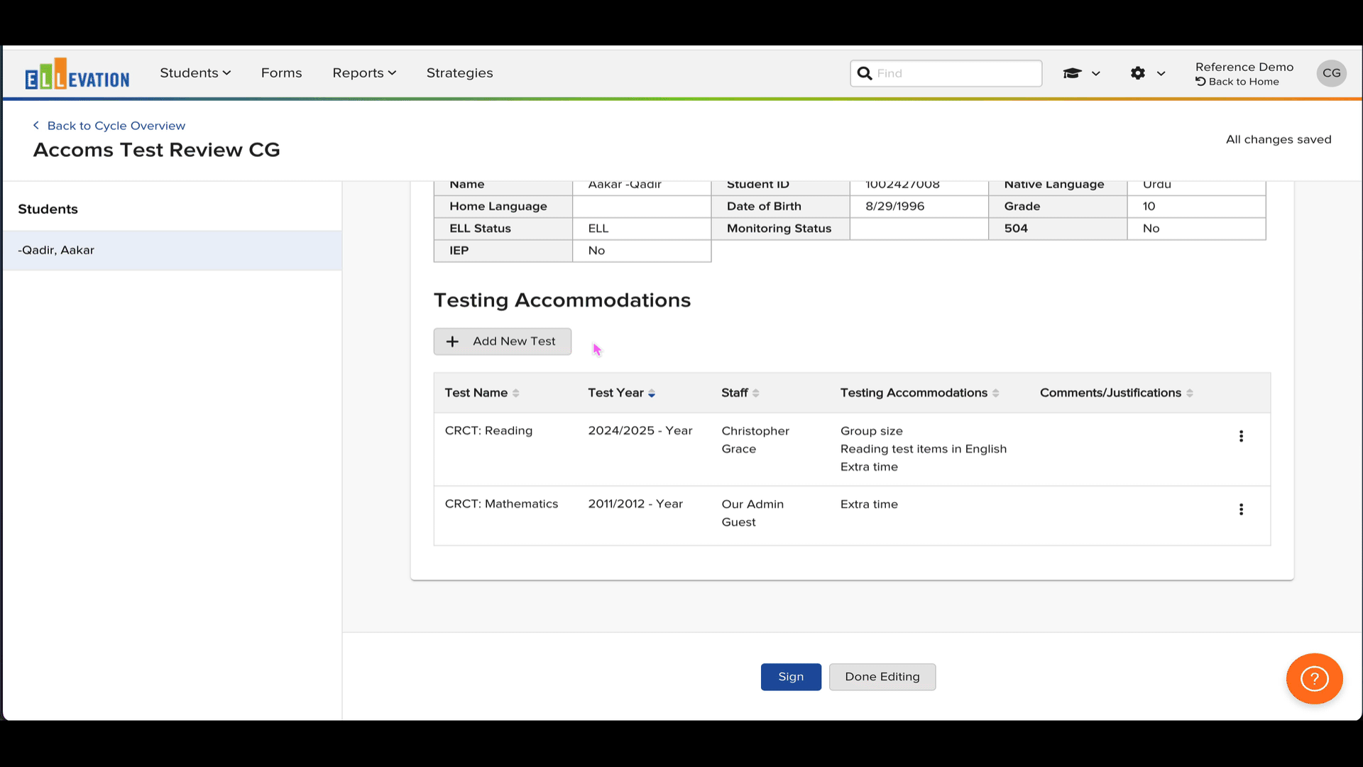 Animated GIF showing an educator editing Testing Accommodations in a live Ellevation form