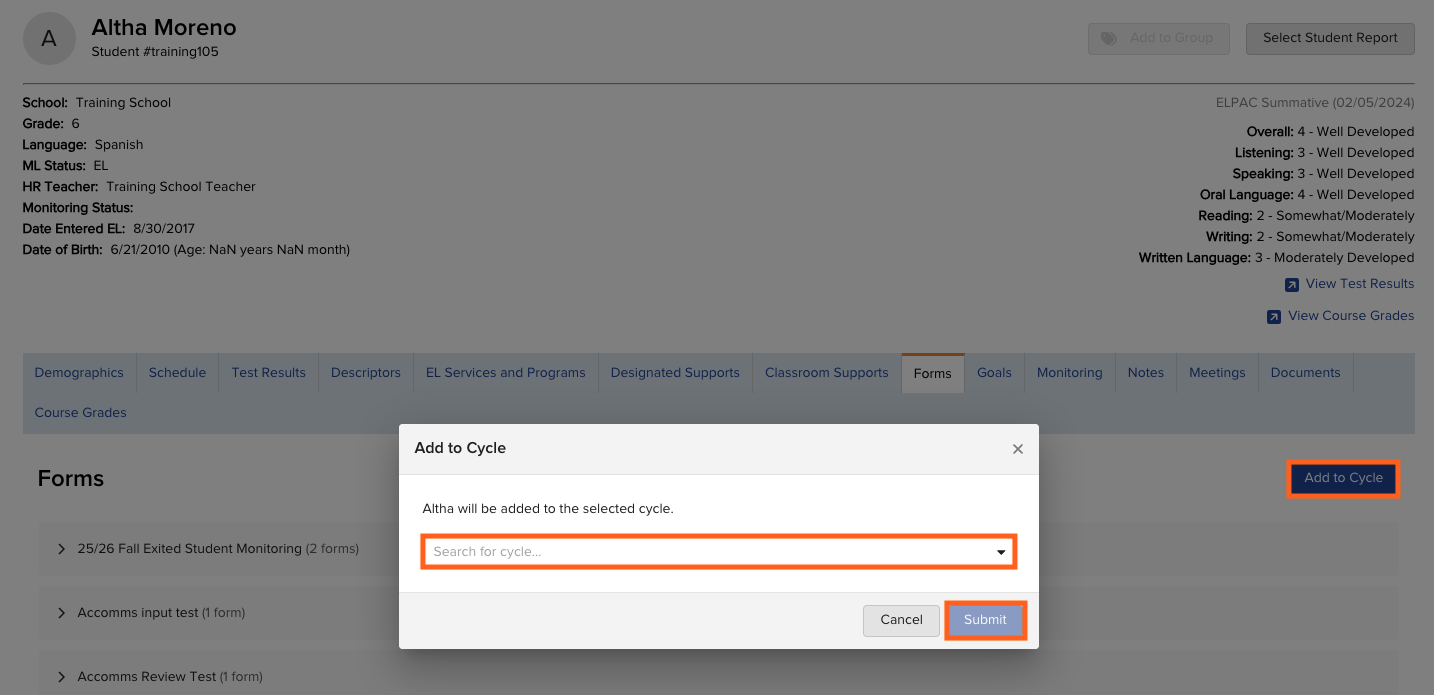 The Forms tab on a Student Profile page, showing the Add to Cycle button.