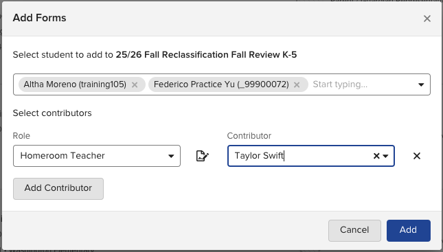 Screenshot of the Add Forms panel, showing fields for selecting a student, role, and contributor
