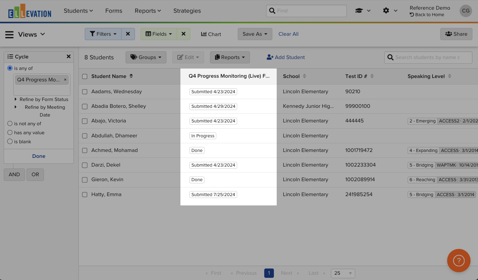 Student List showing the Add Field panel with Form Status selected as a column option.
