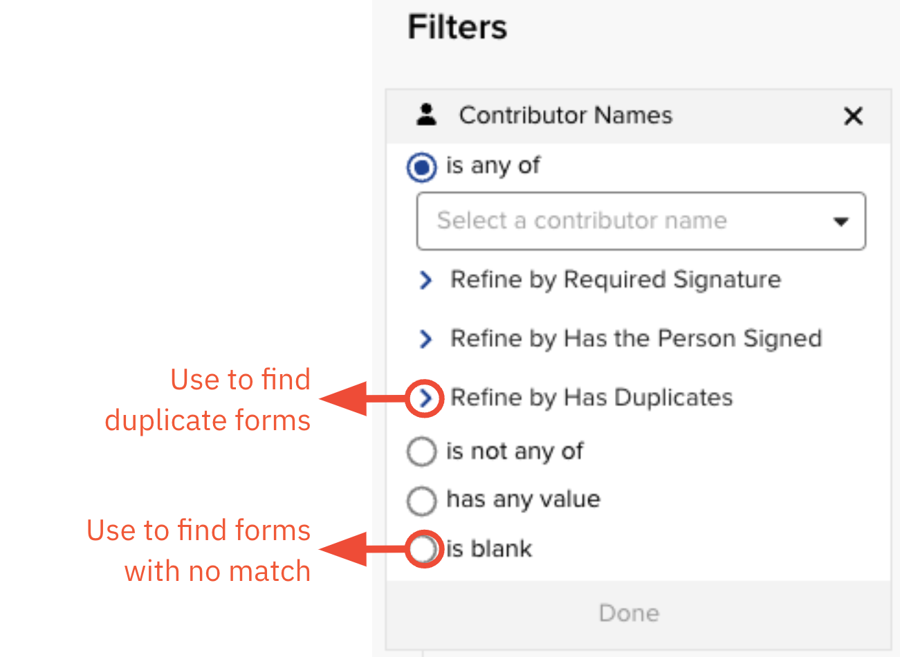 The Forms filter panel on the left side of the Cycle view, showing options to filter by contributor status and duplicates