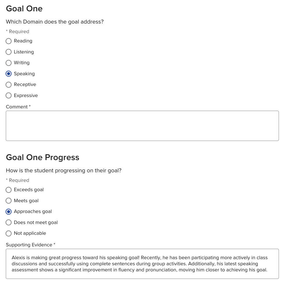 Screenshot showing the Goal Progress Form Sections configuration in a Form Template in Ellevation.