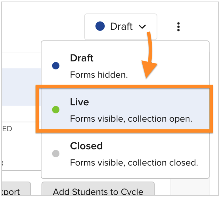 The Draft/Live/Closed dropdown with Live selected.
