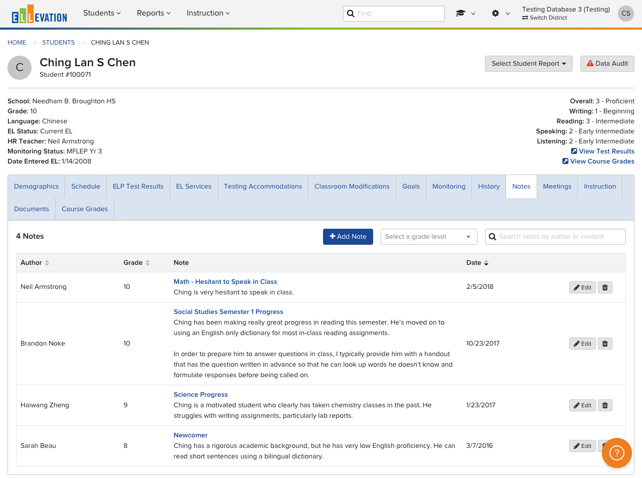 Notes tab on the Student Profile showing a list of historical Note records sorted by date