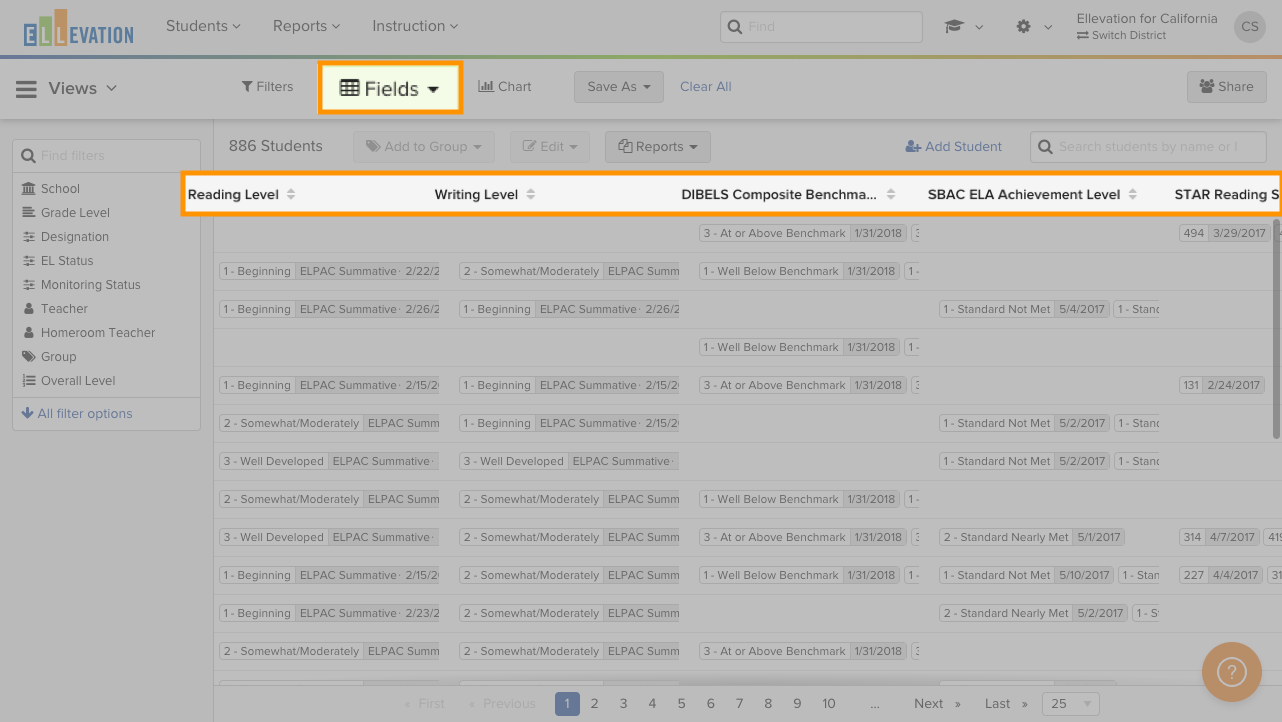 Screenshot showing the Fields panel in the Student List with Test Results fields selected.
