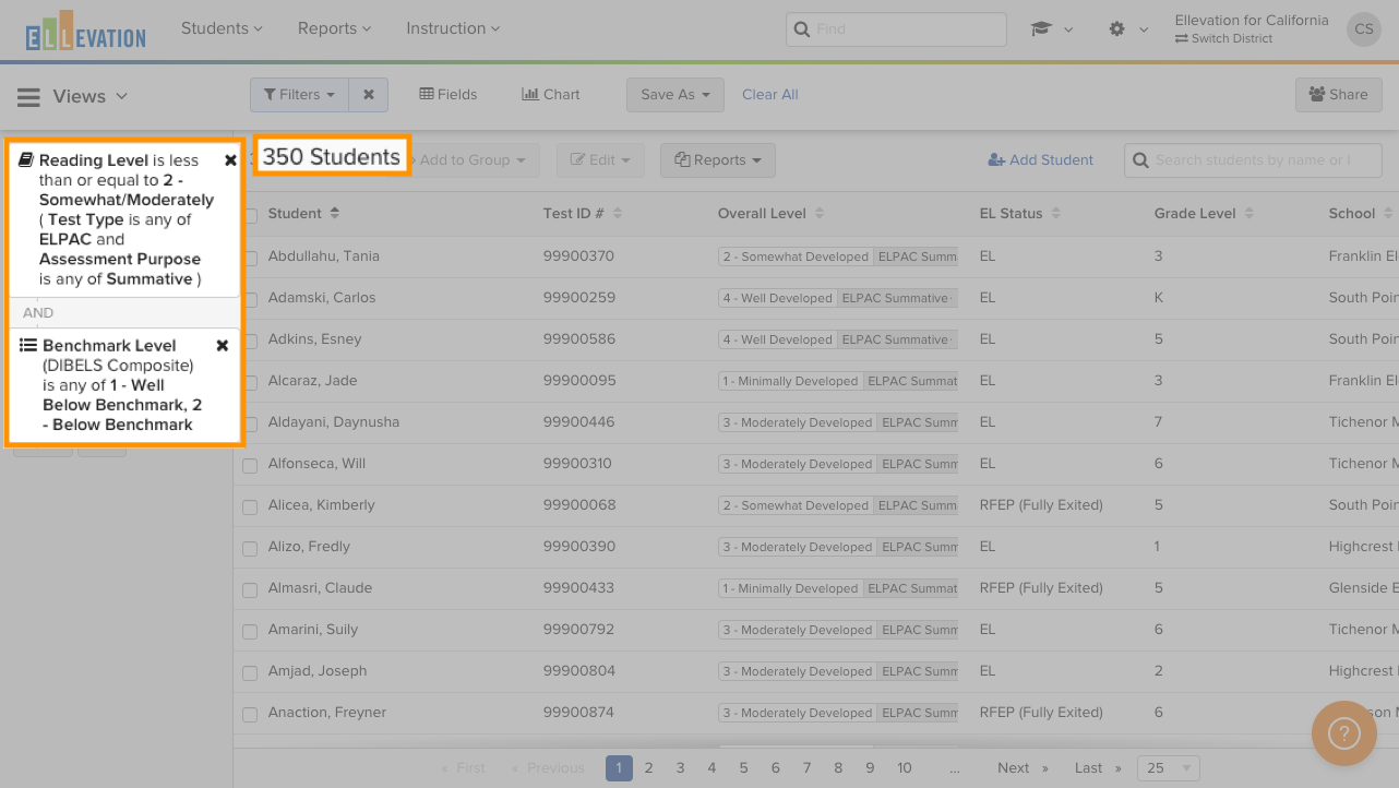 Screenshot showing the Filters panel in the Student List with Test Results filter options expanded.