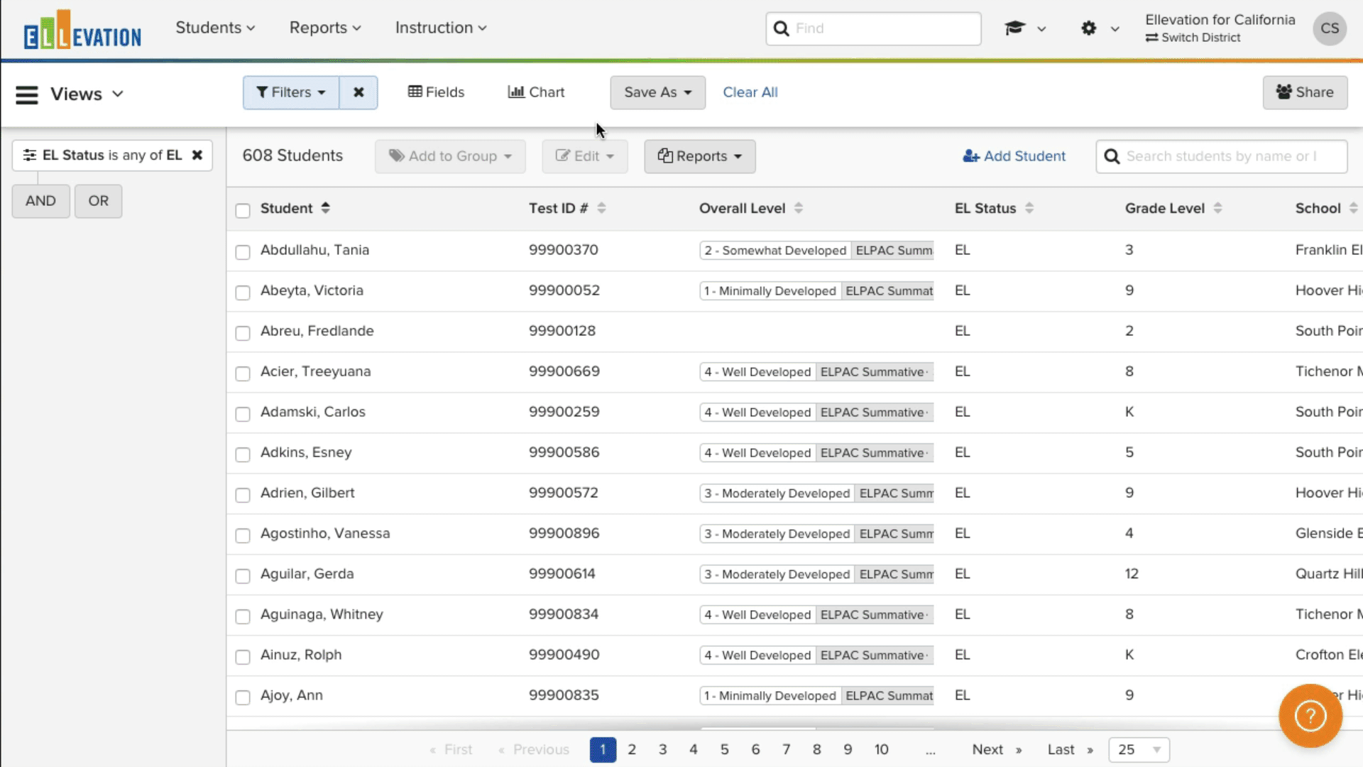 Animated GIF showing a Chart added in the Student List, grouping students by ELP test score domain.