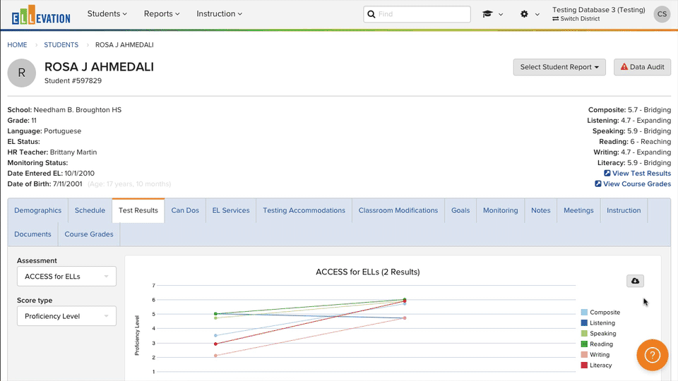 Animated GIF showing the Test Results Table on a student profile, with the Assessments dropdown and date range selector highlighted.