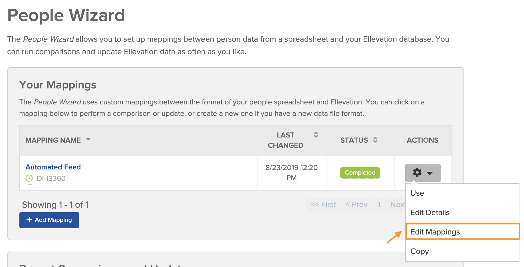 Screenshot showing the Edit Mappings option in the Settings dropdown for a People Wizard mapping