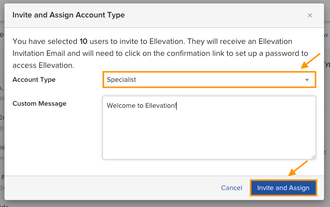 Screenshot of the Invite dialog box with Account Type dropdown and optional message field