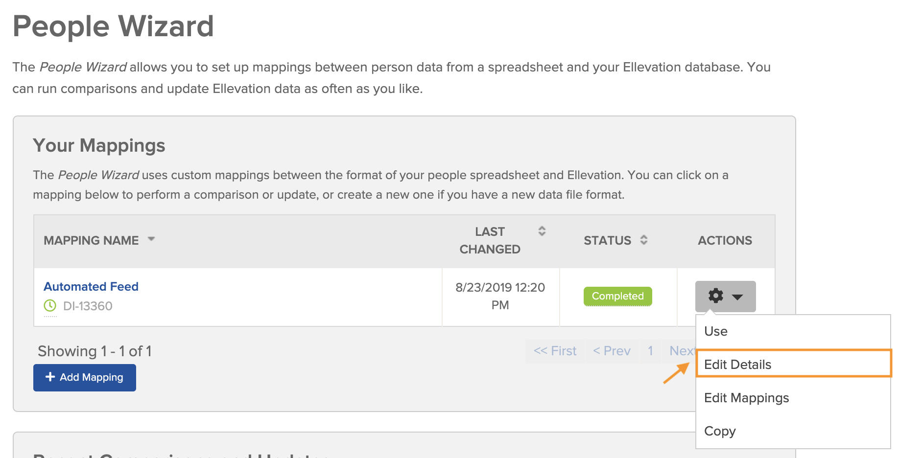 Screenshot showing the Edit Details option in the Settings dropdown for a People Wizard mapping
