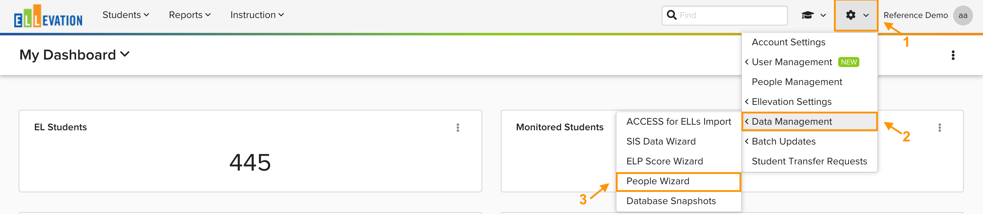 Screenshot showing the People Wizard option under Data Management in the Admin navigation menu