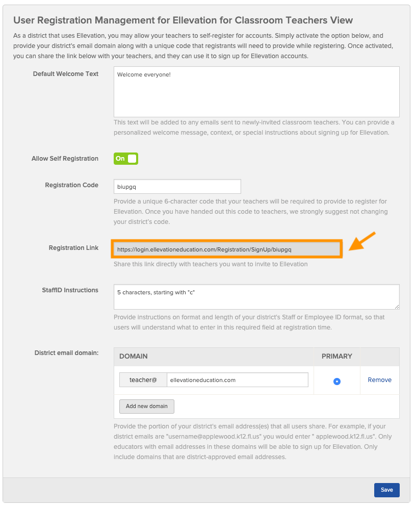 Screenshot of the User Management Settings page showing the Allow Self Registration toggle, email domain fields, and copyable Registration Link