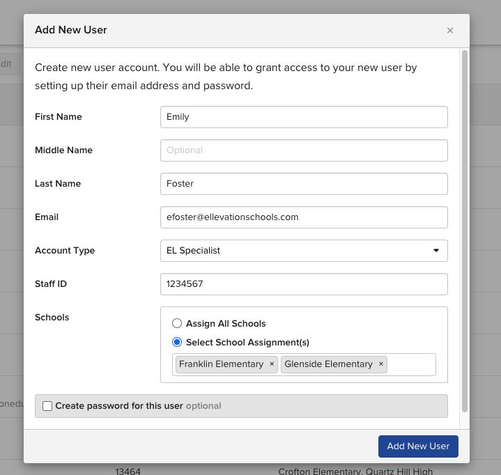 Screenshot of the Add New User dialog showing required fields for name and email, optional Staff ID field, and the Create password checkbox