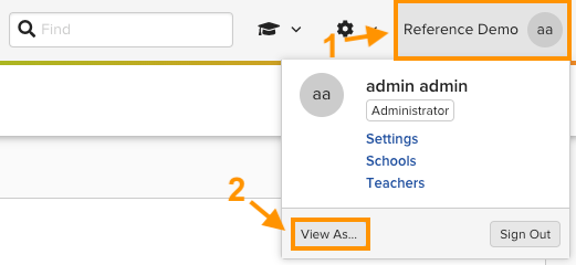 The account menu opened from the initials circle, with the View As option in the bottom left corner.