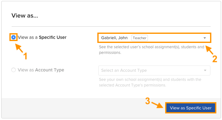 The View As a Specific User panel with the Find a User dropdown and the View As Specific User button.