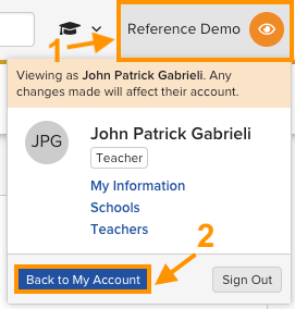 The orange initials circle menu with the Back to My Account option in the bottom left corner.