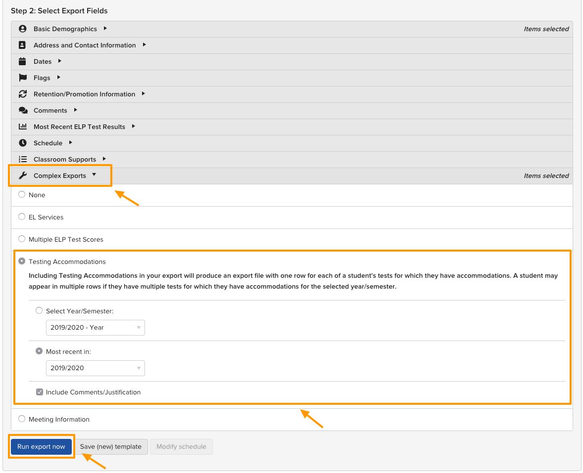 Selecting Testing Accommodations under Complex Exports in the Export Wizard