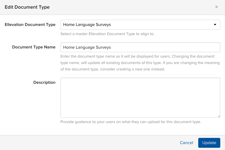 Edit Document Type window with editable fields for Ellevation Document Type, Document Type Name, and Description.