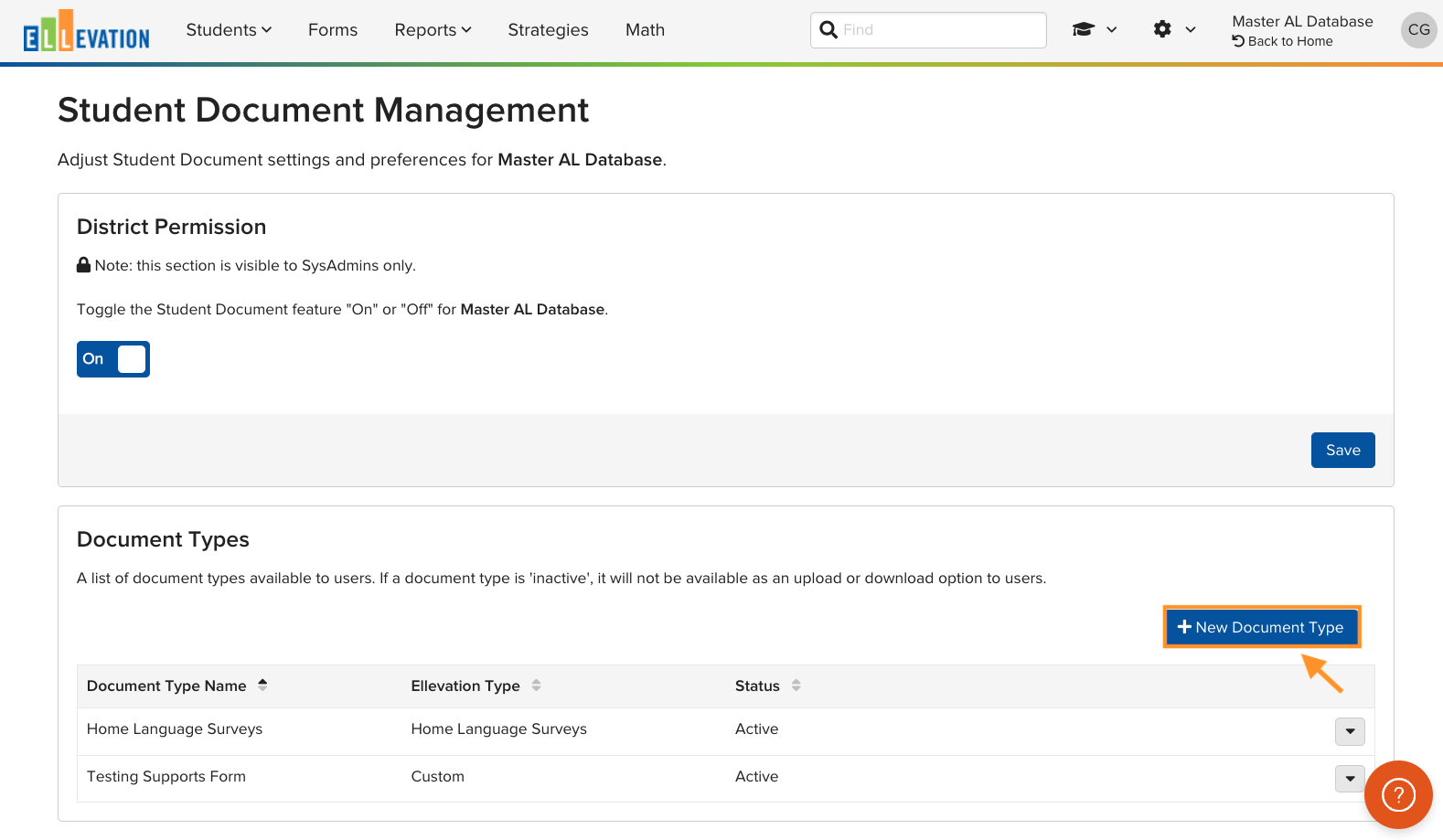 Student Document Management page showing the main list of Document Types and the +New Document Type button.