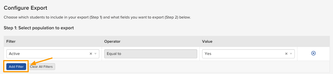 Adding filters to select the student population in the Export Wizard