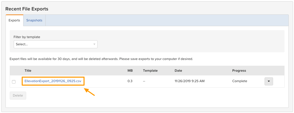 Downloading the completed CSV from Recent File Exports in the Export Wizard