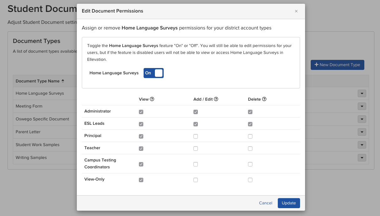 Edit Document Permissions window showing the feature toggle and View, Add/Edit, and Delete checkboxes per Account Type.