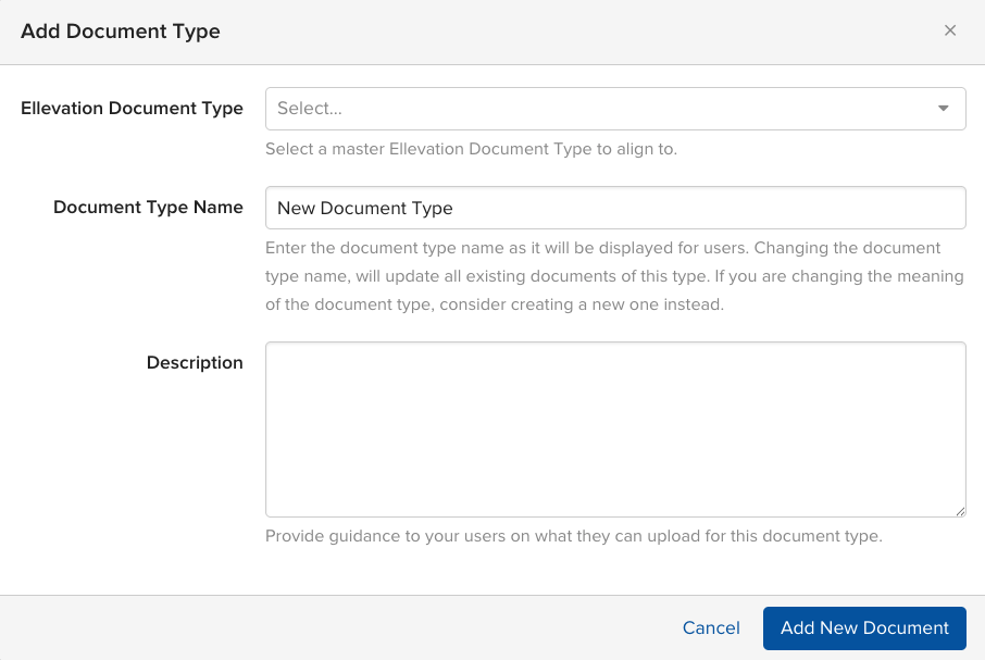 Add Document Type window with the Ellevation Document Type drop-down expanded showing the available types.