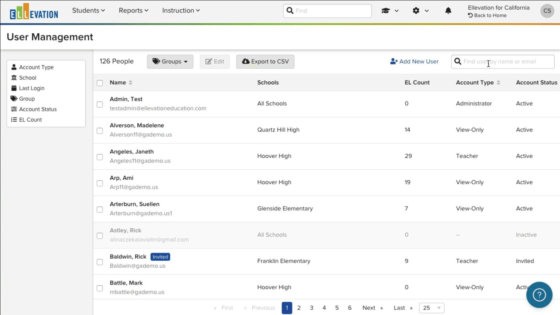 Animated GIF demonstrating the merge workflow: selecting the main account, clicking Merge, selecting the duplicate account, choosing a Staff ID and email, and confirming the merge