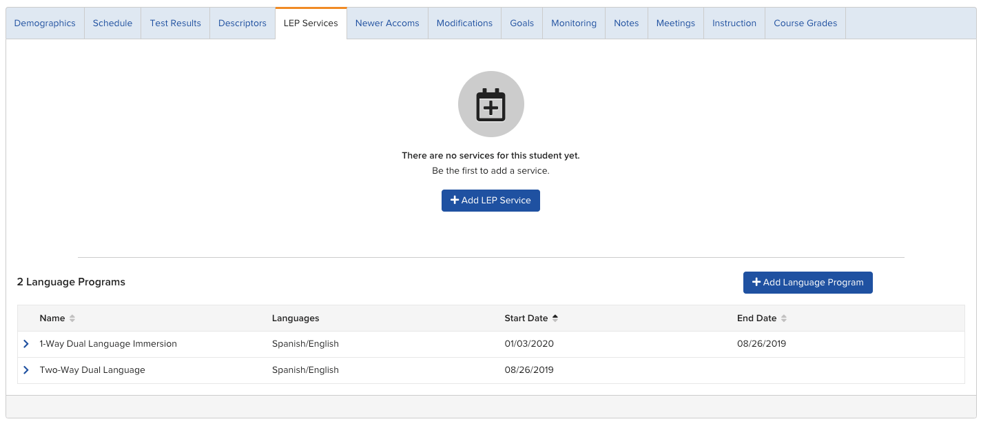 Screenshot of the EL/LEP Services and Programs tab on a student profile, showing Language Program information at the bottom of the tab.