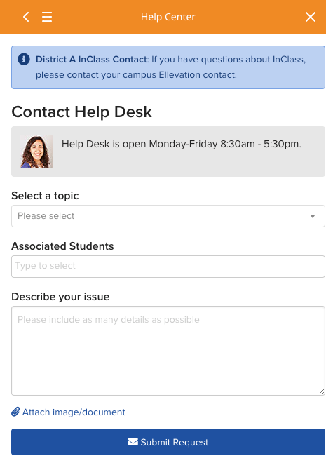 Screenshot of the Ellevation Help Desk ticket submission form showing fields for topic selection, additional details, Associate Students, issue description, and file attachment