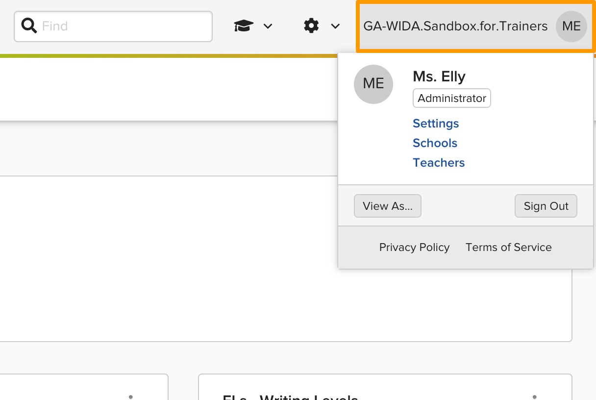 The Account Menu opened from the user initials in the top right corner of Ellevation, showing Settings and Sign Out options.