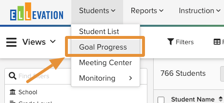 Students menu open with Goal Progress highlighted in the navigation bar