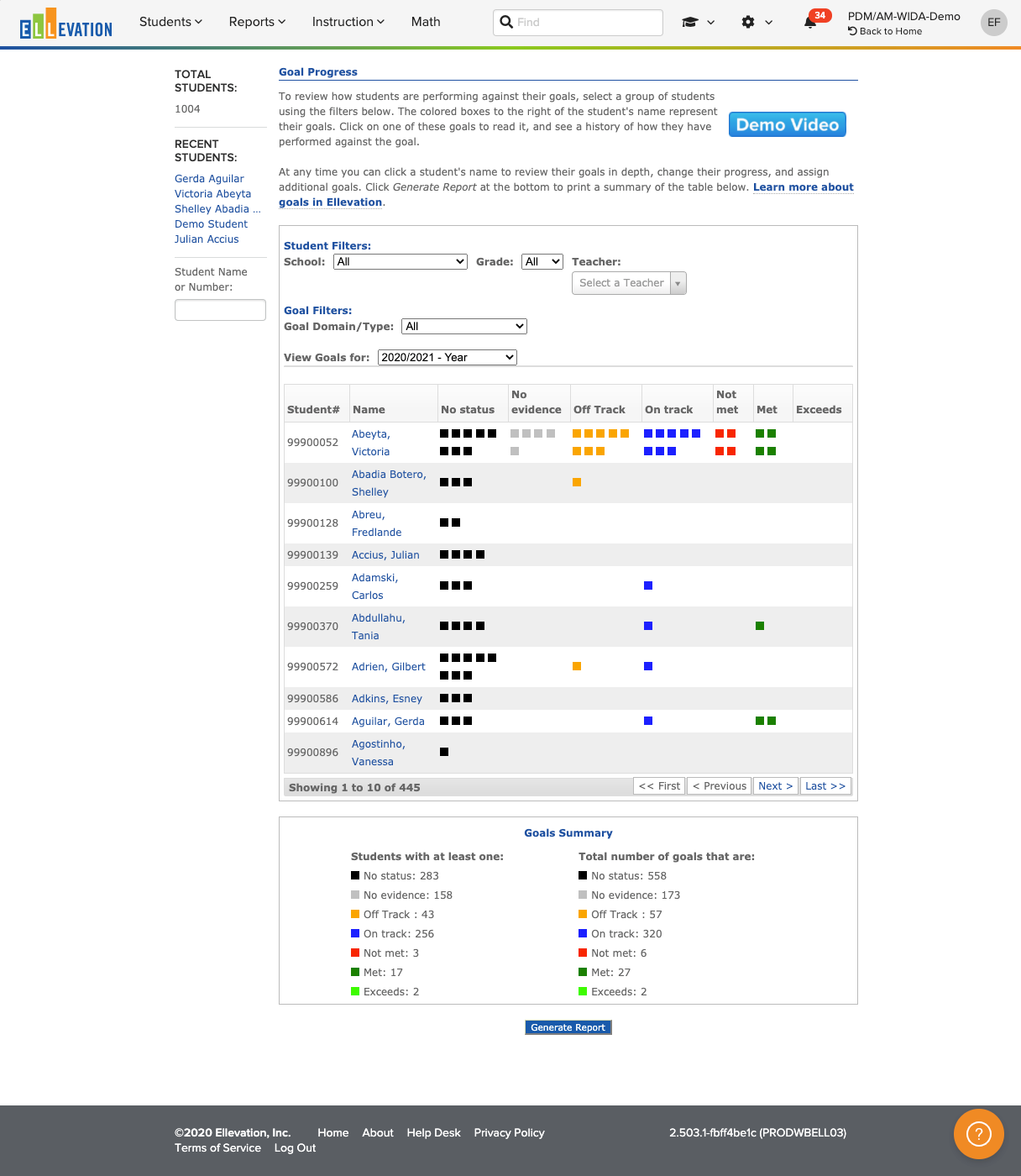 Goal Progress page showing a student list with colored progress markers and a Goal Summary section at the bottom