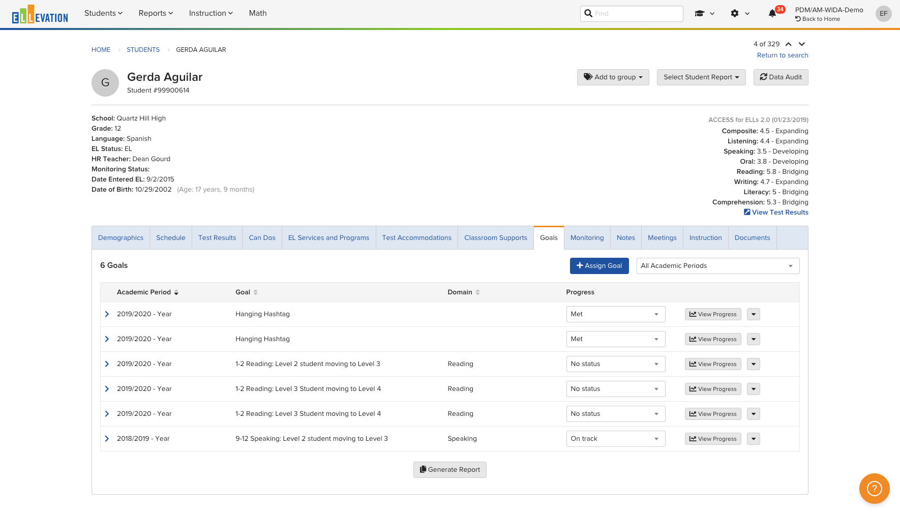 Goals tab on the Student Profile showing a student's historical Goal records sorted by Academic Period