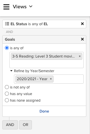 Student List with a Goals filter applied, showing filtered results in the list view