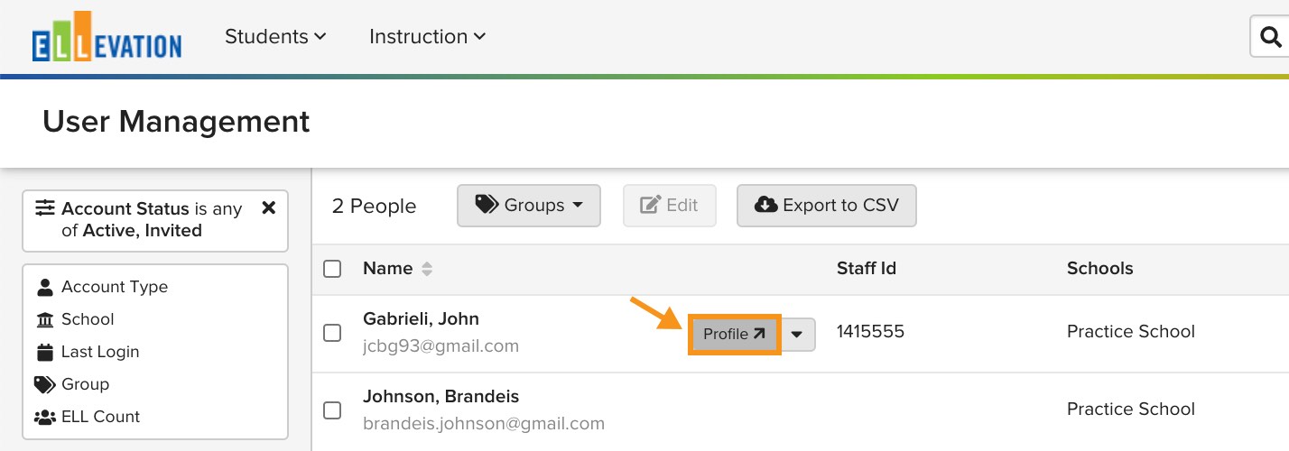 User profile menu in User Management